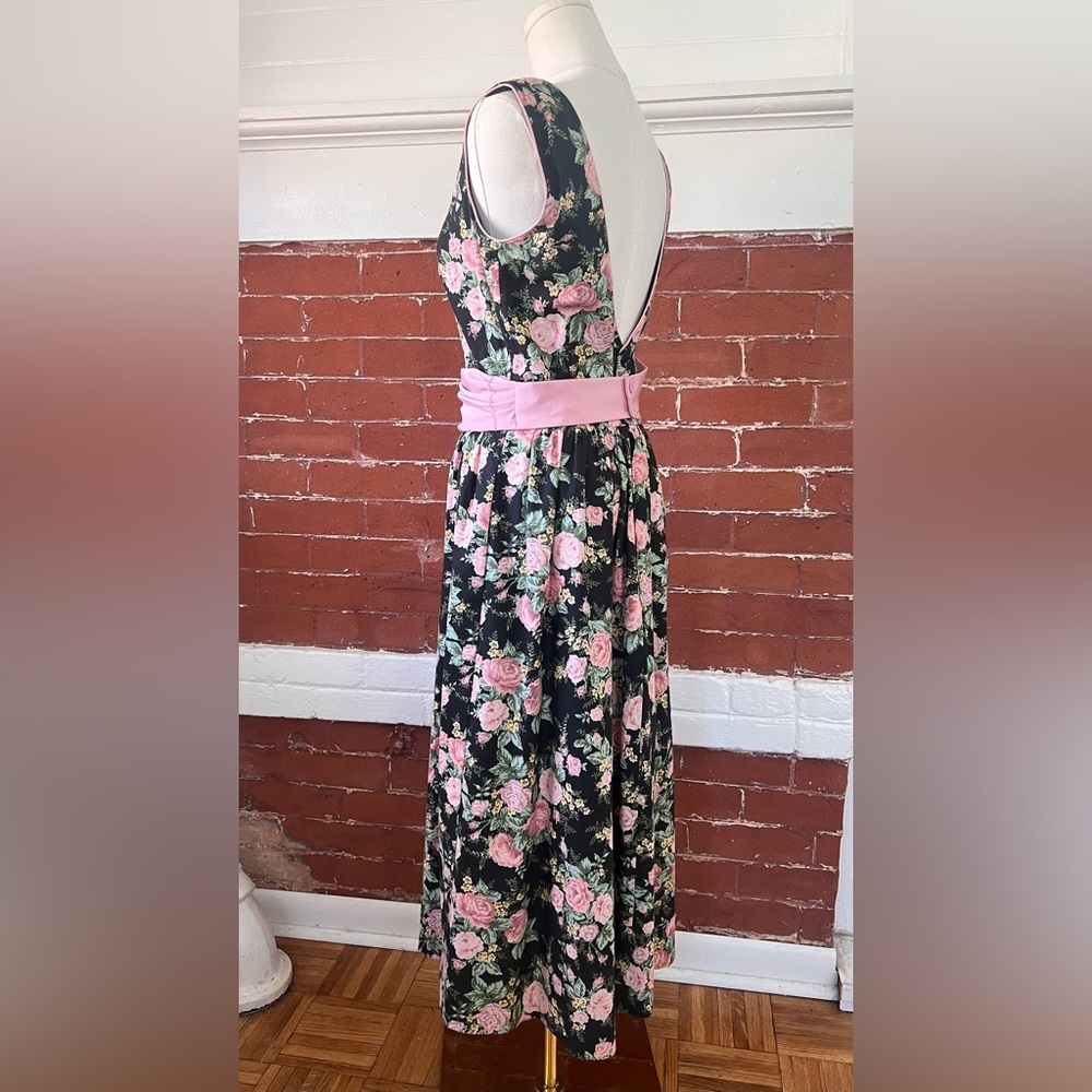 Vintage Lanz  80’s Black and Pink  Floral Midi Dress Sleeveless  Cottagecore - Picture 5 of 16